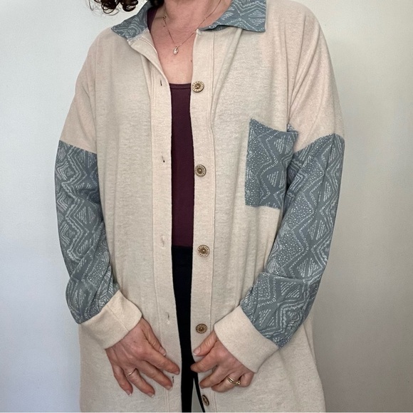 Lovely Melody Button Down Mixed Materials Long Shirt Sz L - Picture 2 of 11